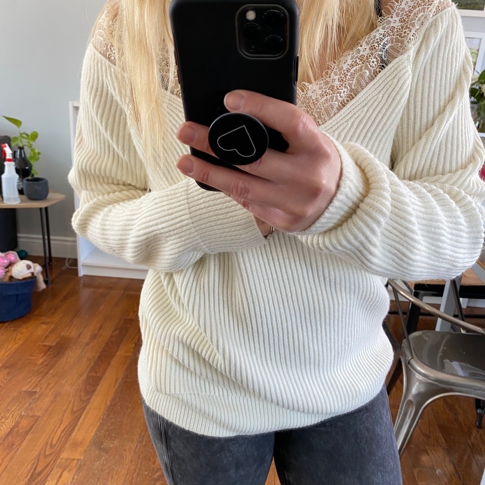 Cream Sweater with Lace Neckline